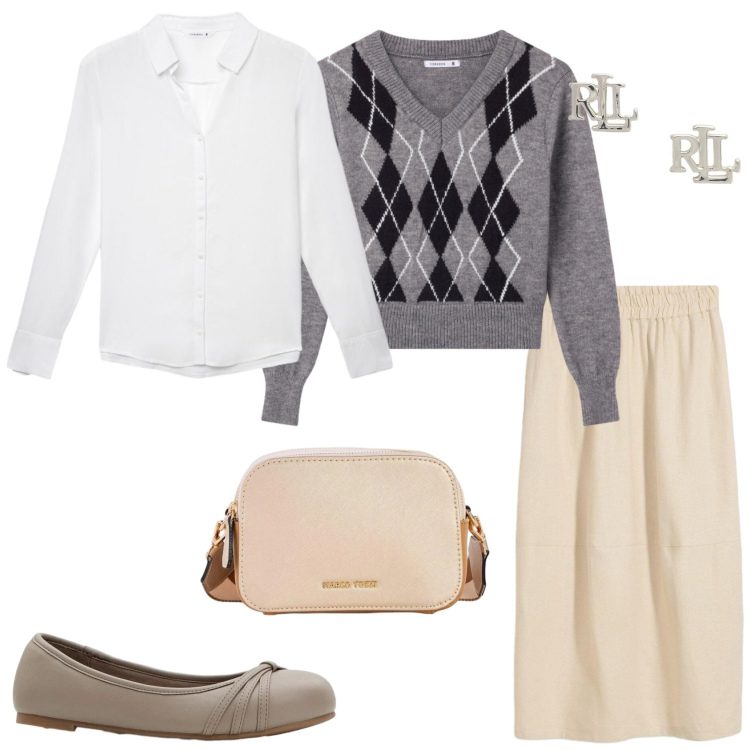 Outfit donna - L\'outfit Basic di primavera. Stile Basic per Tutti i giorni. Abbinamento con borse a tracolla, ballerine, gonne longuette, camicie, pullovers, orecchini.