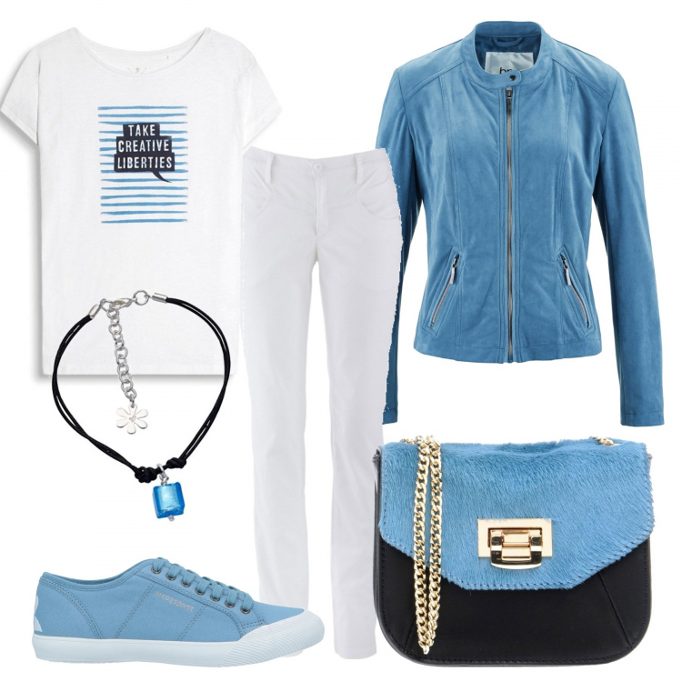 Outfit donna - Basic in azzurro e bianco. Stile Basic per Tutti i giorni. Abbinamento con pantaloni, giacca a coste effetto scamosciato in pelle sintetica blu, sneakers tennis, borsa a mano petit con manico fantasia interno foderato, t-shirt con stampa bianco, braccialetto in argento 925.