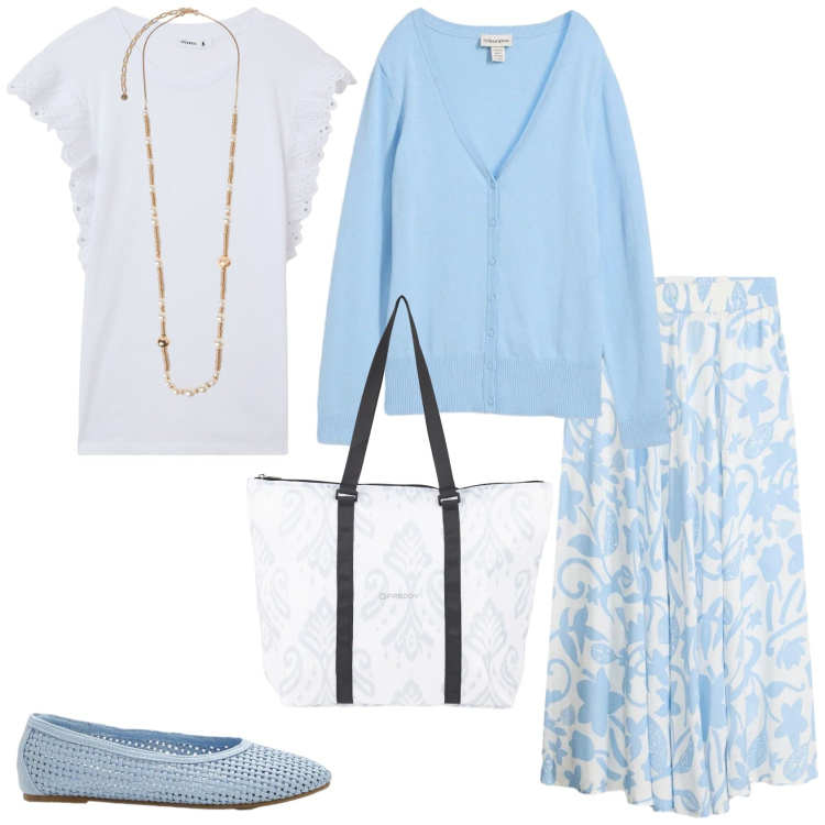 Outfit donna - L\'azzurro. Stile Romantica per Tutti i giorni. Abbinamento con ballerine, cardigans, gonne lunghe, t-shirt, collane, shopping bag.