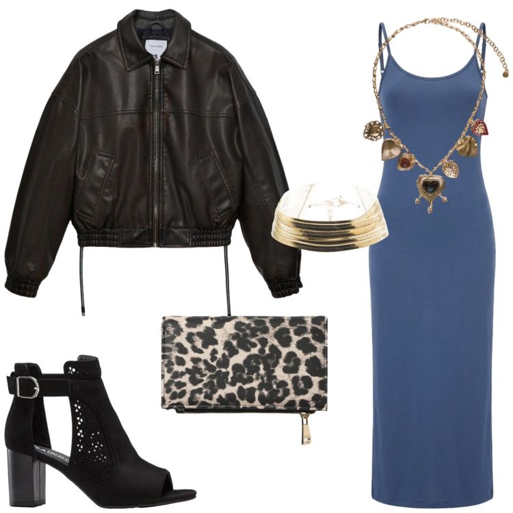 Outfit donna - Per una serata rock. Stile Rock per Serata fuori. Abbinamento con sandali col tacco, vestiti lunghi, portafogli, bomber, collane, braccialetti.