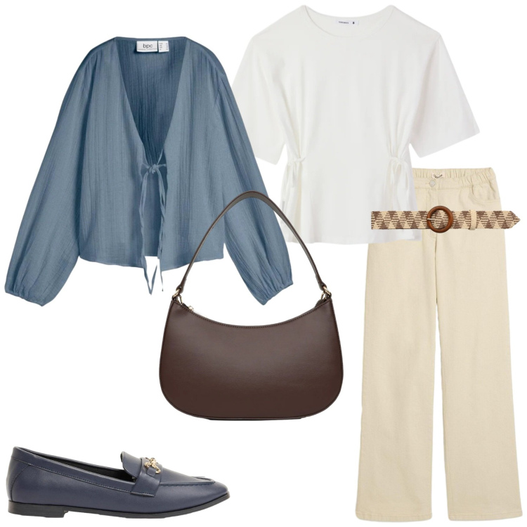 Outfit donna - Un outfit per la primavera. Stile Bon Ton per Tutti i giorni. Abbinamento con blazer, mocassini, pantaloni a palazzo, t-shirt, cinture, borse a tracolla.