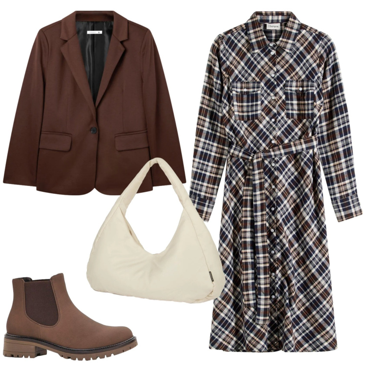 Outfit donna - L\'abito chemisier. Stile Urban per Tutti i giorni. Abbinamento con vestiti chemisier, stivaletti, blazer, borse a spalla.