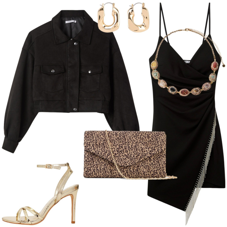 Outfit donna - Per una serata fuori. Stile Rock per Serata fuori. Abbinamento con clutch, orecchini, vestiti corti, bomber, sandali col tacco, collane.