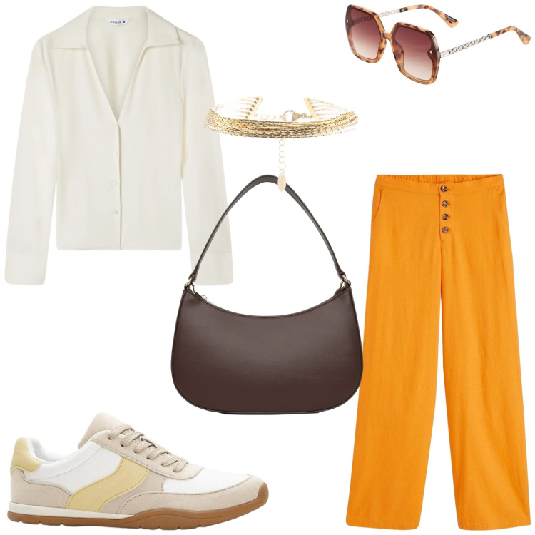 Outfit donna - Un outfit per la primavera 2026. Stile Trendy per Tutti i giorni. Abbinamento con occhiali da sole, sneakers, pantaloni a palazzo, camicie, borse a tracolla, braccialetti.