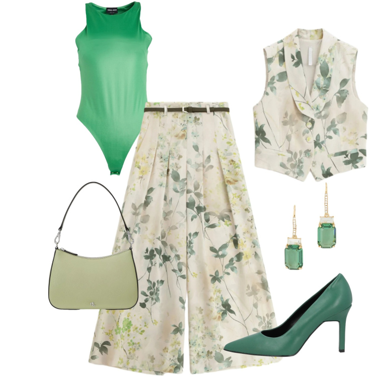 Outfit donna - Armocromia primavera chiara. Stile Chic per Tutti i giorni. Abbinamento con décolleté, body, pantaloni a palazzo, gilet, orecchini, borse a spalla.