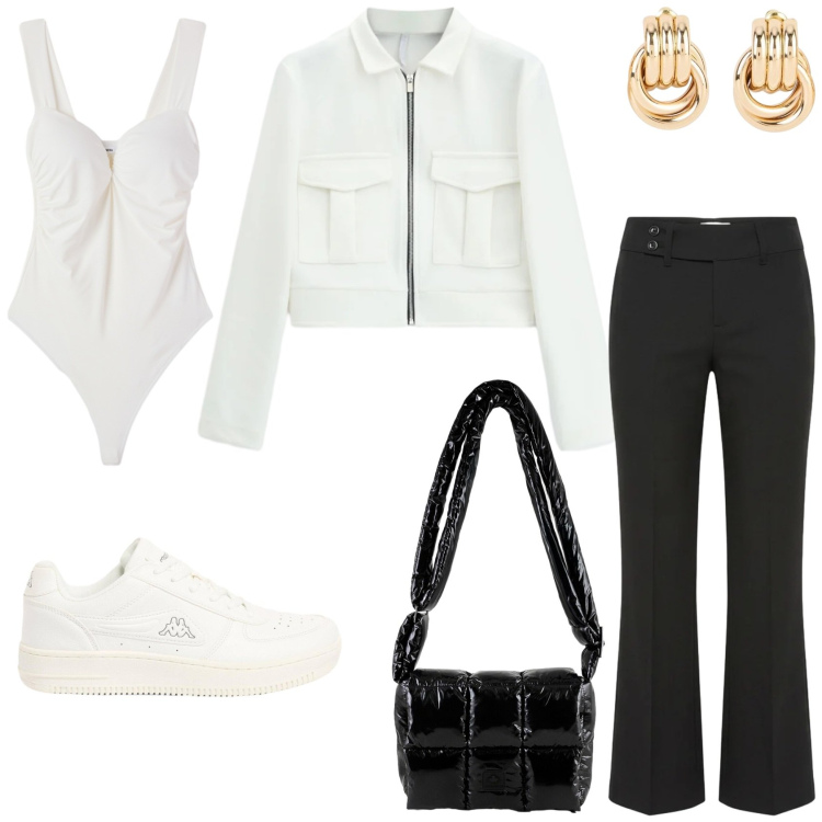 Outfit donna - L\'outfit casual chic. Stile Casual chic per Tutti i giorni. Abbinamento con orecchini, sneakers, pantaloni, top, cappotti, borse a spalla.