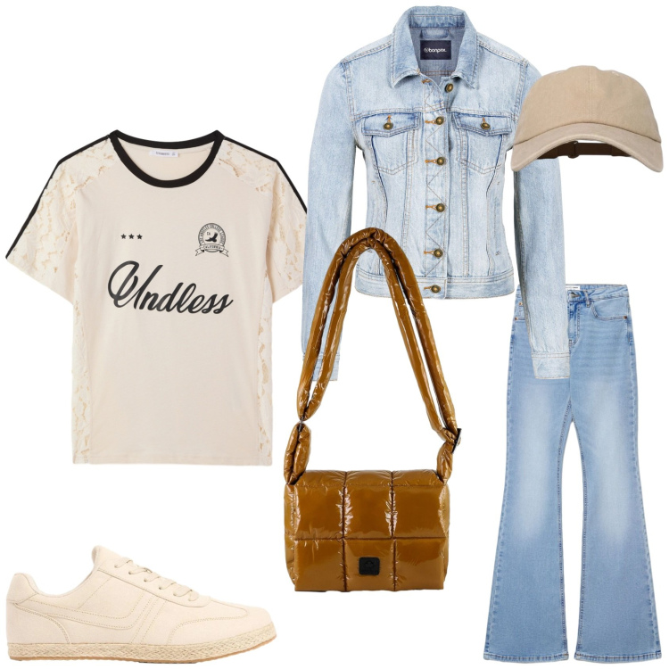 Outfit donna - Un casual in primavera. Stile Casual per Tutti i giorni. Abbinamento con giacche sportive, sneakers, jeans a zampa, cappelli con visiera, t-shirt, borse a spalla.