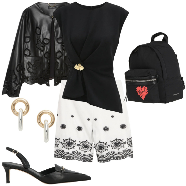 Outfit donna - Capi moderni con motivi romantici. Stile Trendy per Tutti i giorni. Abbinamento con décolleté, zaini, shorts, blazer, top, orecchini.