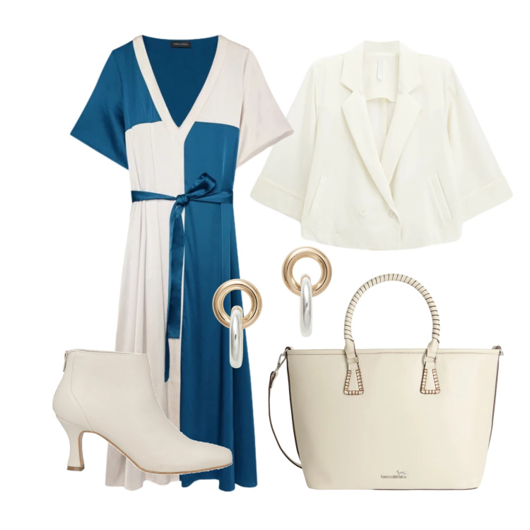 Outfit donna - Aprile. Stile Trendy per Tutti i giorni. Abbinamento con stivaletti, shopping bag, blazer, vestiti midi/longuette, orecchini.