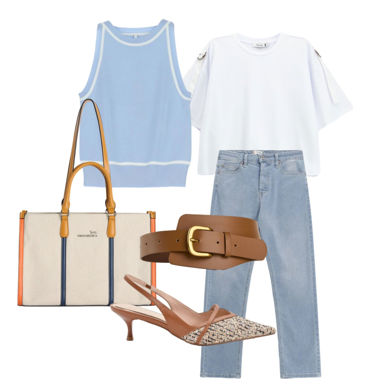 Outfit donna - Aprile. Stile Casual chic per Tutti i giorni. Abbinamento con cinture, borse tote, jeans, t-shirt, top, décolleté.