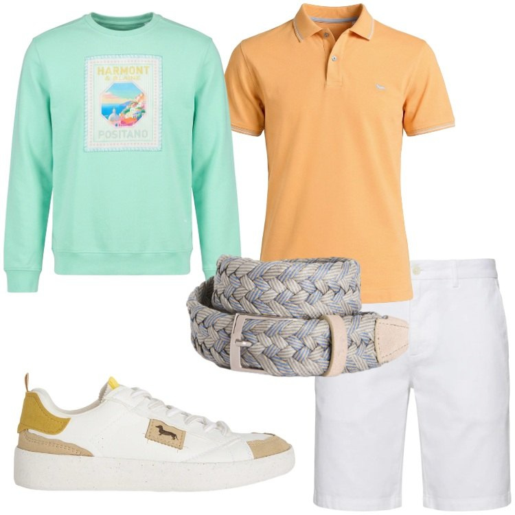 Outfit uomo - Sorbetto Preppy - Harmont & Blaine. Stile Trendy per Tutti i giorni. Abbinamento con sneakers, bermuda, polo, cinture, felpe.