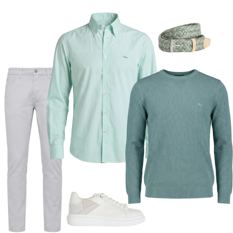 Outfit uomo - La freschezza del verde. Stile Urban per Tutti i giorni. Abbinamento con sneakers, camicie, pullovers, pantaloni, cinture.