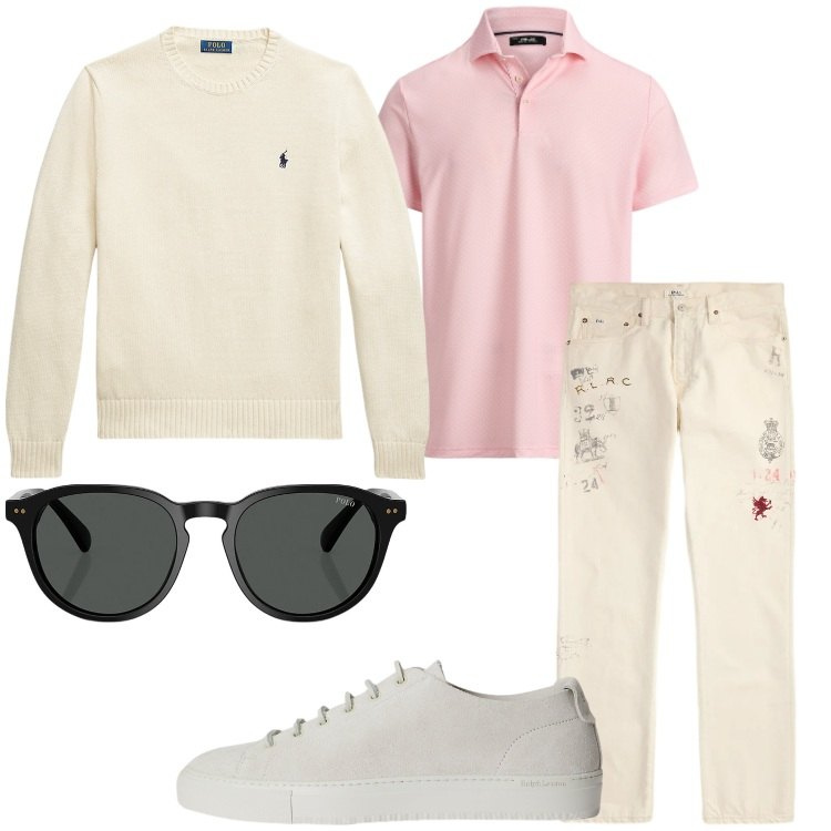 Outfit uomo - Stile casual di aprile. Stile Casual per Tutti i giorni. Abbinamento con occhiali da sole, jeans dritti, polo, sneakers, maglieria.