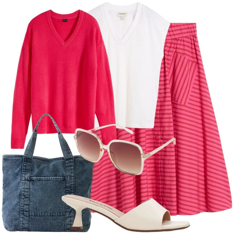 Outfit donna - Rosso fragola. Stile Casual chic per Ufficio. Abbinamento con ciabatte, maglieria, gonne, maglieria, occhiali da sole, shopping bag.