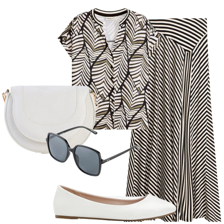 Outfit donna - Indossando righe a primavera. Stile Glamour per Tutti i giorni. Abbinamento con bluse, ballerine, borse a tracolla, occhiali da sole, gonne.