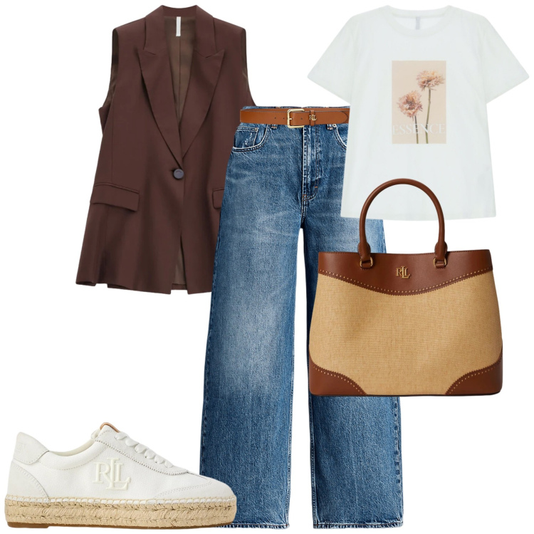 Outfit donna - Day by day. Stile Casual chic per Tutti i giorni. Abbinamento con gilet, t-shirt, jeans, cinture, sneakers, borse a mano.