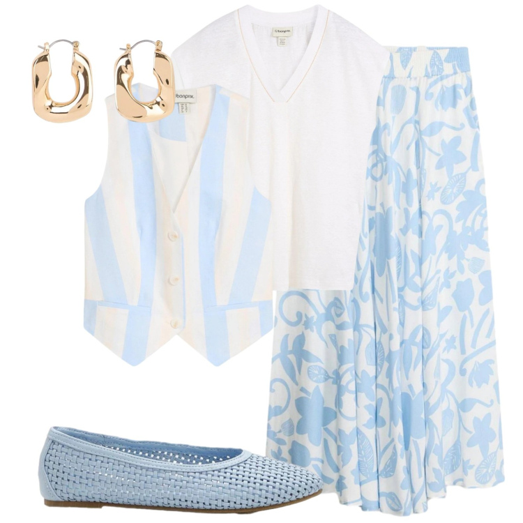 Outfit donna - Azzurro, fiori e righe. Stile Casual per Ufficio. Abbinamento con gonne lunghe, orecchini, ballerine, maglieria, gilet.