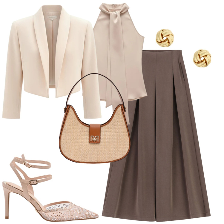 Outfit donna - Cerimonia. Stile Chic per Cerimonia. Abbinamento con pantaloni a palazzo, décolleté, borse a spalla, top, bolero, orecchini.