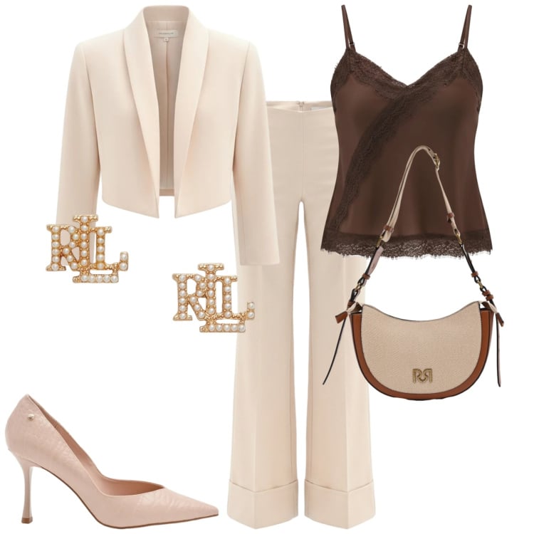 Outfit donna - Cerimonia. Stile Chic per Cerimonia. Abbinamento con canottiere, pantaloni a palazzo, borse a tracolla, décolleté, bolero, orecchini.