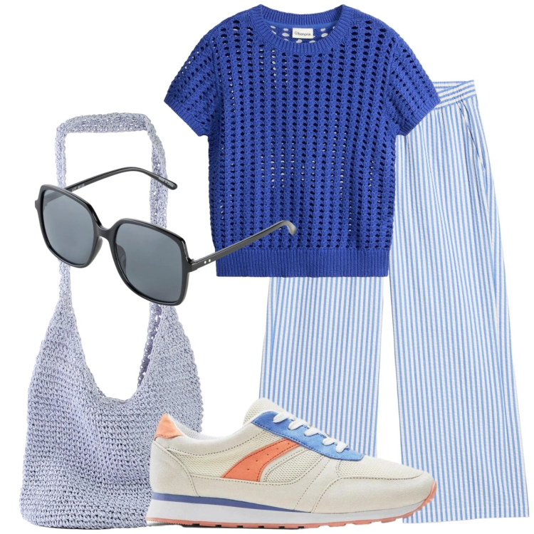Outfit donna - Pantaloni a righe stile pigiama. Stile Casual chic per Ufficio. Abbinamento con pantaloni a palazzo, bluse, sneakers, shopping bag, occhiali da sole.