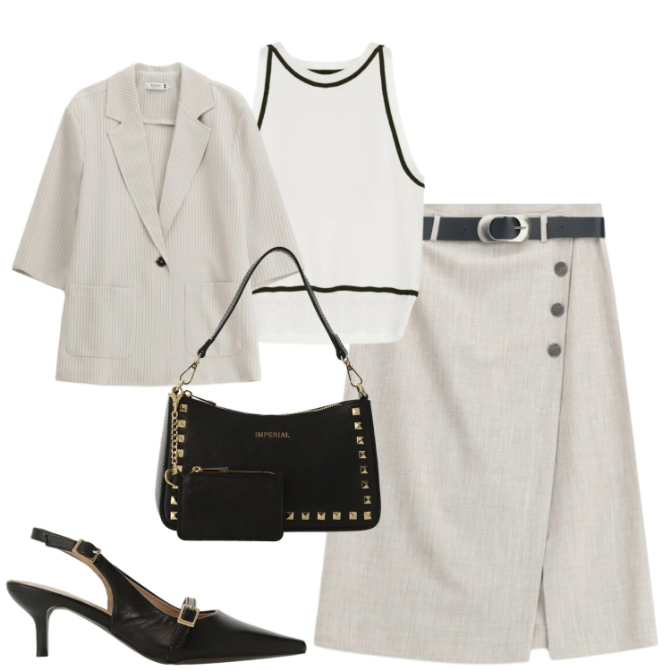 Outfit donna - Imperial. Stile Urban per Tutti i giorni. Abbinamento con top, sandali col tacco, borse a spalla, gonne longuette, blazer.