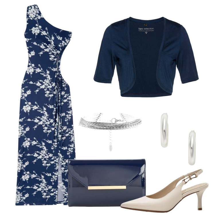 Outfit donna - Cerimonia floreale. Stile Chic per Cerimonia. Abbinamento con bolero, pochette, décolleté, vestiti asimmetrici, braccialetti, orecchini.