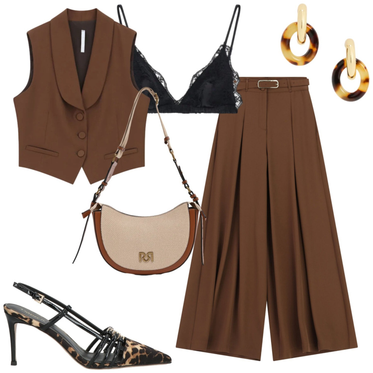 Outfit donna - Imperial. Stile Trendy per Tutti i giorni. Abbinamento con décolleté, pantaloni a palazzo, gilet, reggiseni, borse a tracolla, orecchini.