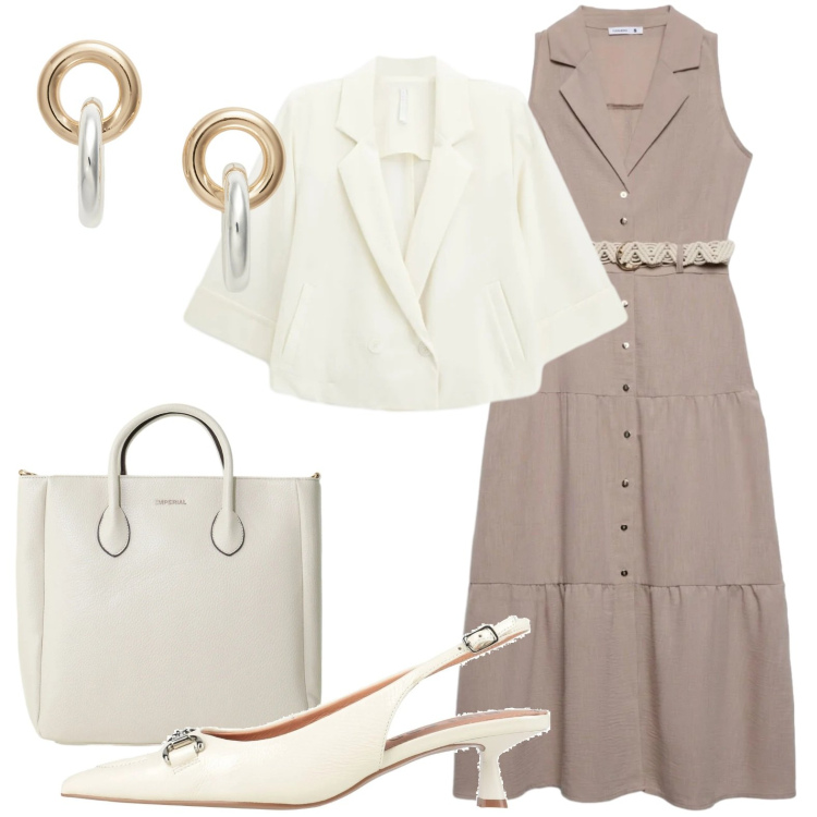 Outfit donna - Blazer corto. Stile Casual chic per Tutti i giorni. Abbinamento con décolleté, vestiti chemisier, blazer, borse a tracolla, orecchini.