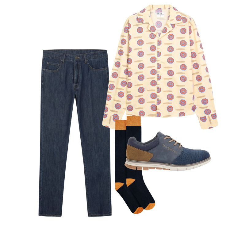 Outfit uomo - Aprile. Stile Trendy per Tutti i giorni. Abbinamento con scarpe stringate, camicie, jeans, calzini.