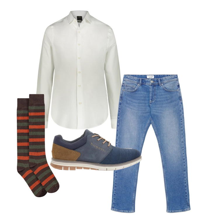 Outfit uomo - Aprile. Stile Trendy per Tutti i giorni. Abbinamento con scarpe stringate, jeans, camicie, calzini.