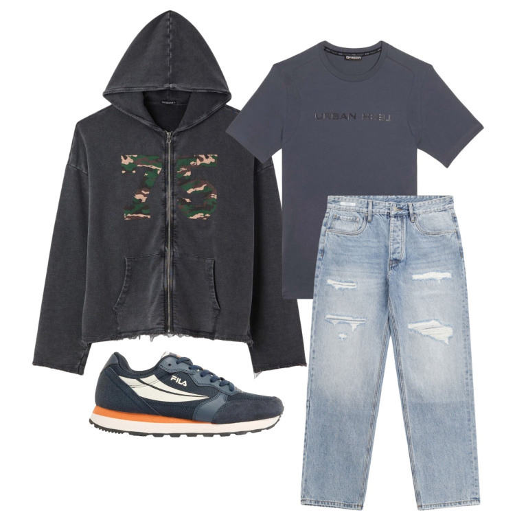 Outfit uomo - Aprile. Stile Trendy per Tutti i giorni. Abbinamento con sneakers, felpe con cappuccio, jeans strappati, t-shirt.