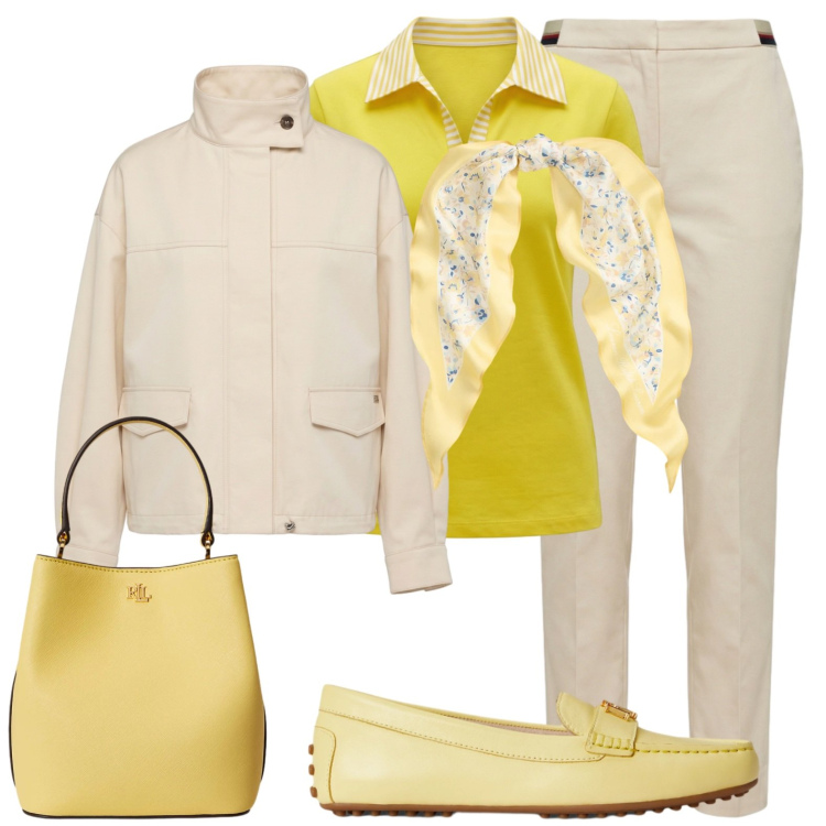 Outfit donna - Borsa a mano giallo tenue. Stile Bon Ton per Ufficio. Abbinamento con pantaloni chino, polo, bomber, mocassini, borse a secchiello, foulard.