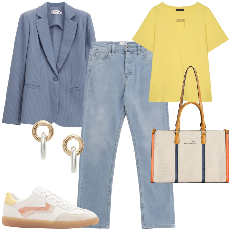 Outfit donna - City. Stile Casual chic per Tutti i giorni. Abbinamento con sneakers, t-shirt, blazer, jeans, borse tote, orecchini.