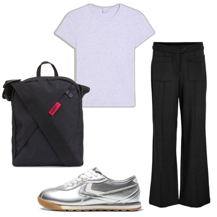 Outfit mujer - Basic look. Estilo Basic para Todos los días. Combinación con bandoleras, sneakers, pantalones, camiseta.
