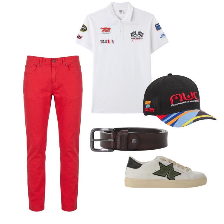 Outfit uomo - Aprile. Stile Trendy per Tutti i giorni. Abbinamento con cappelli, polo, sneakers, cinture, pantaloni.