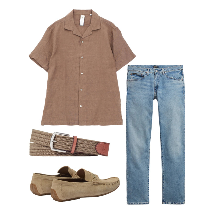 Outfit uomo - Aprile. Stile Trendy per Tutti i giorni. Abbinamento con camicie a manica corta, scarpe stringate, cinture, jeans.