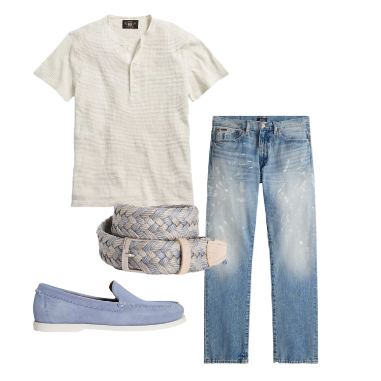 Outfit uomo - Aprile. Stile Trendy per Tutti i giorni. Abbinamento con cinture, jeans dritti, scarpe stringate, t-shirt.