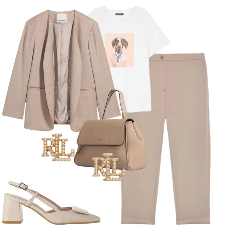 Outfit donna - City. Stile Urban per Tutti i giorni. Abbinamento con zaini, blazer, pantaloni, t-shirt, décolleté, orecchini.