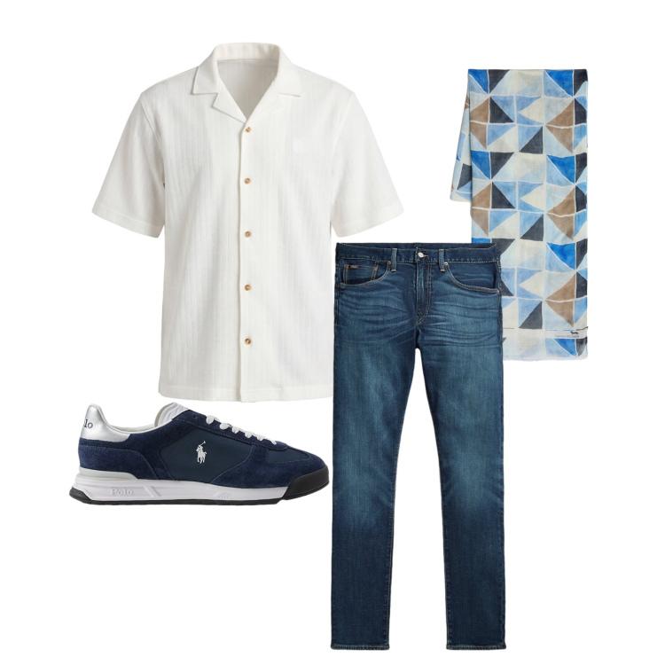Outfit uomo - Aprile. Stile Trendy per Tutti i giorni. Abbinamento con sciarpe, camicie a manica corta, sneakers, jeans.