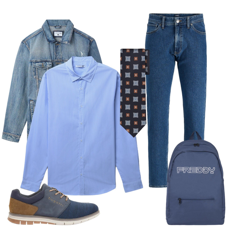 Outfit uomo - Blue Layering. Stile Trendy per Ufficio. Abbinamento con scarpe stringate, jeans, giacche, camicie, borse sportive, cravatte.
