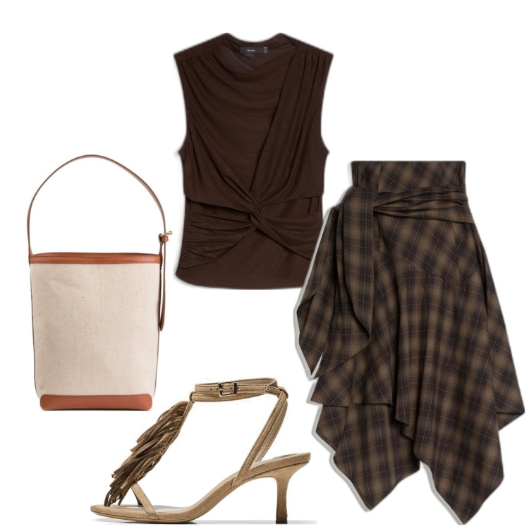 Outfit mujer - Trendy look. Estilo Trendy para Noche/Fiesta elegante. Combinación con top, falda longuette, sandalias de tacón, bolsos saco.