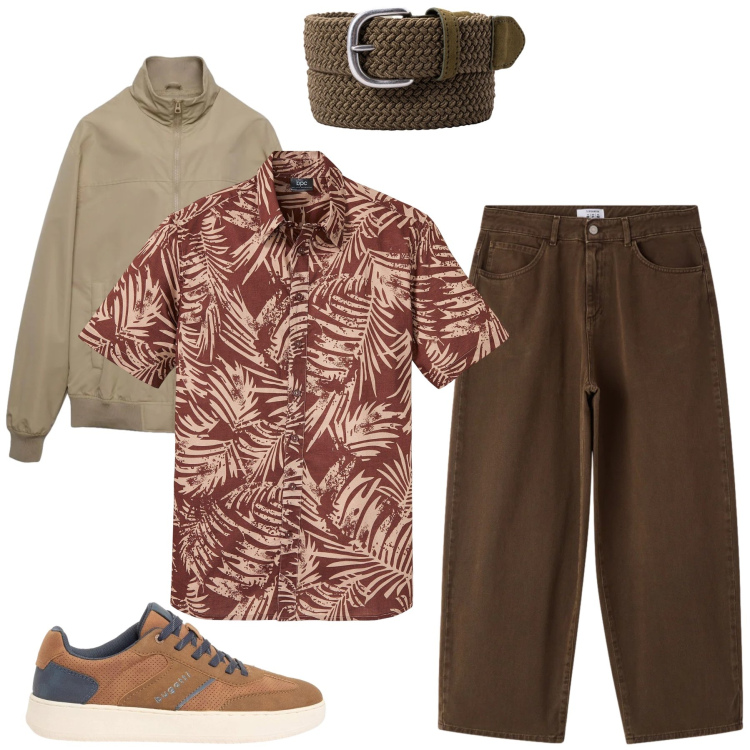 Outfit uomo - Il Gentleman Metropolitano. Stile Trendy per Ufficio. Abbinamento con camicie a manica corta, sneakers, bomber, pantaloni, cinture.