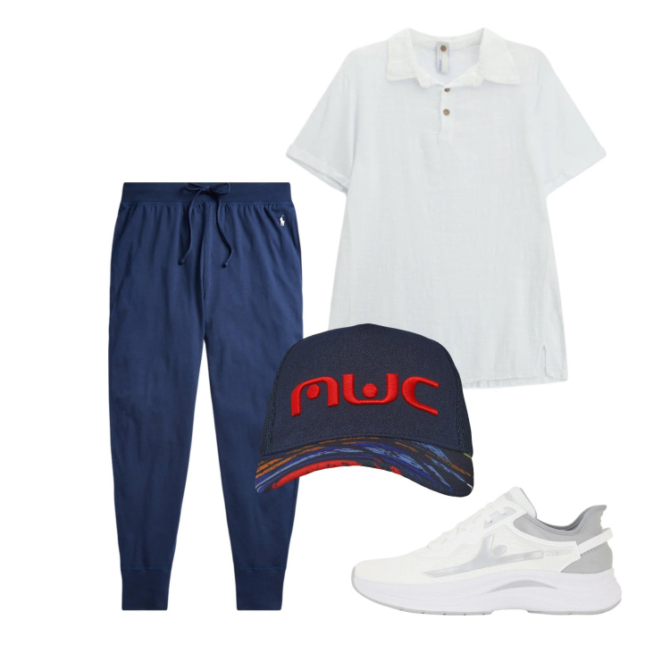 Outfit uomo - Aprile. Stile Urban per Tutti i giorni. Abbinamento con cappelli con visiera, polo, sneakers, pantaloni.