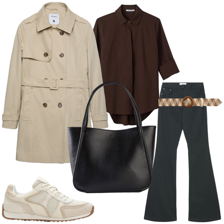 Outfit donna - Un outfit per l\'ufficio. Stile Minimal per Ufficio. Abbinamento con shopping bag, sneakers alte, trench, jeans a zampa, cinture, camicie.