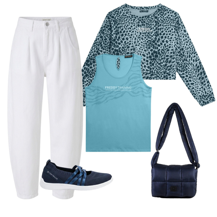 Outfit donna - Total look #2382385. Stile Sporty chic per Tutti i giorni. Abbinamento con sneakers, pantaloni, felpe, canottiere, borse a spalla.