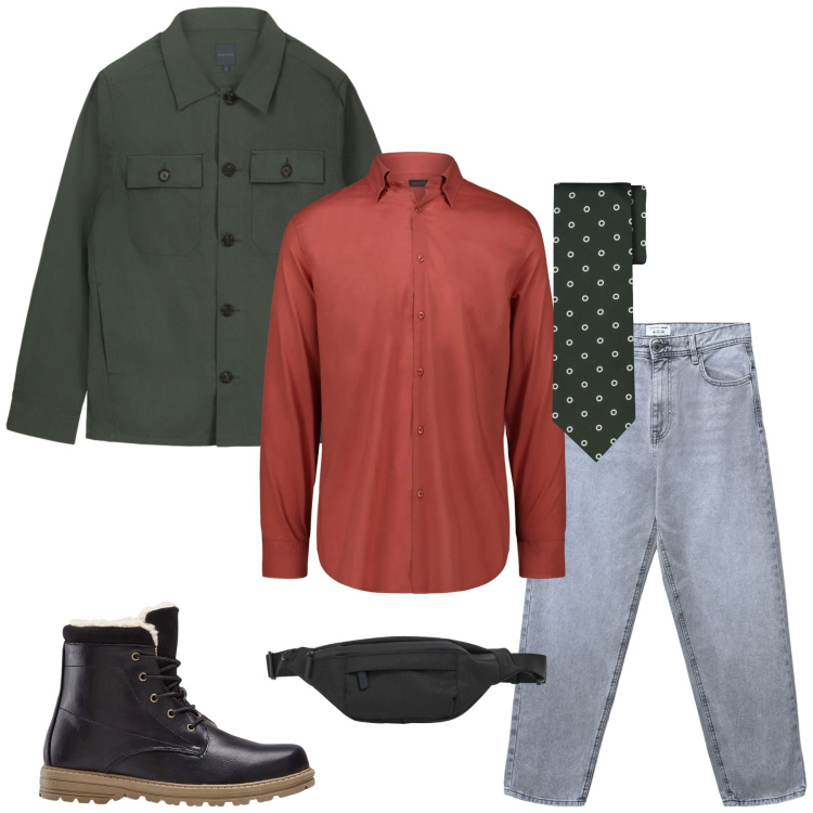 Outfit uomo - Urban Safari Mood. Stile Urban per Ufficio. Abbinamento con stivali e stivaletti, jeans, borse sportive, cappotti, camicie, cravatte.