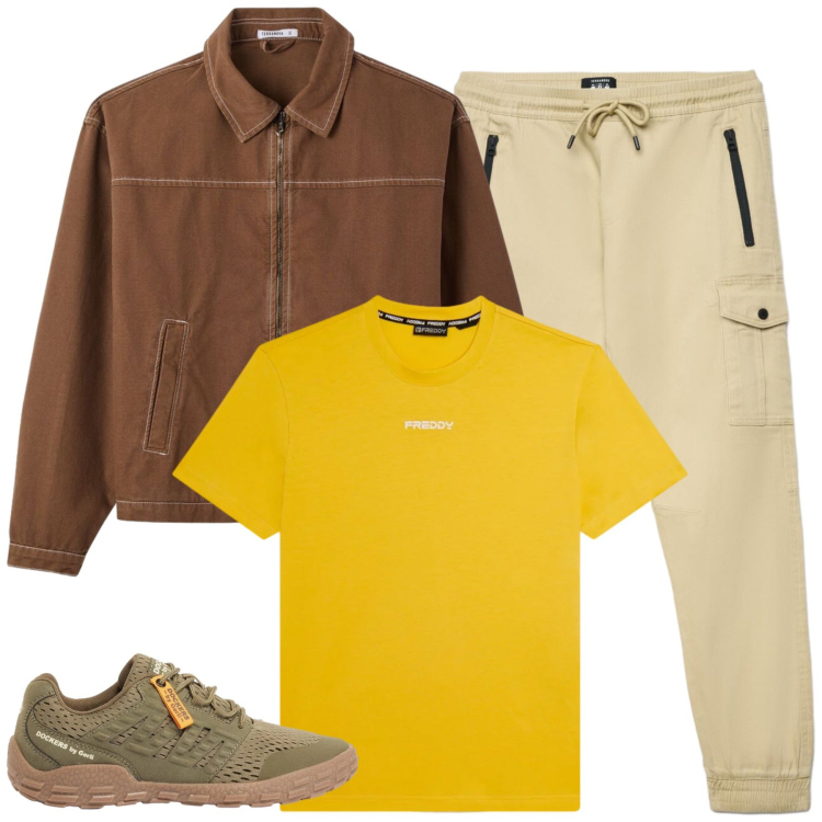 Outfit uomo - Contrasti Energici e Stile Cargo. Stile Trendy per Tutti i giorni. Abbinamento con sneakers, pantaloni cargo, cappotti, t-shirt.