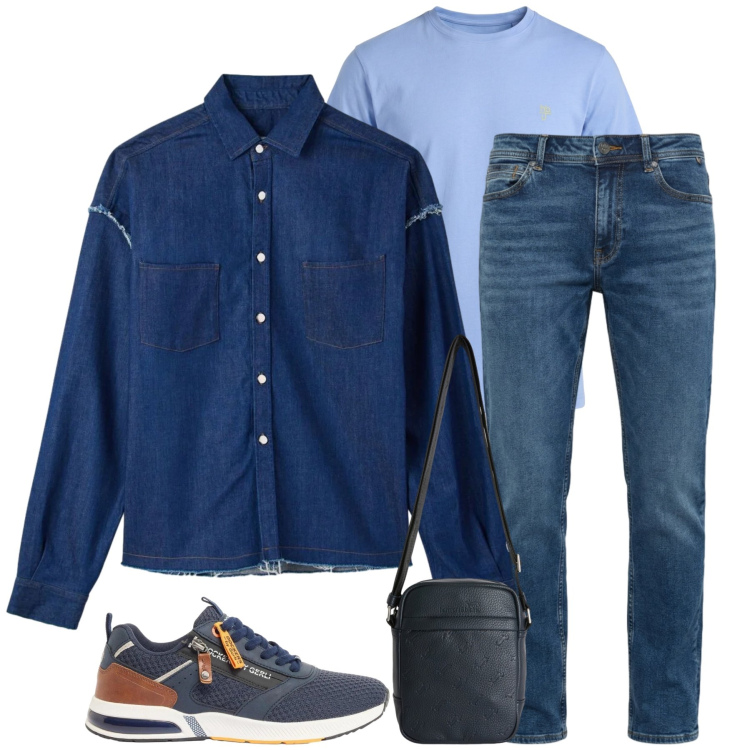Outfit uomo - Denim Gradient. Stile Trendy per Ufficio. Abbinamento con sneakers, camicie, borse sportive, t-shirt, jeans.