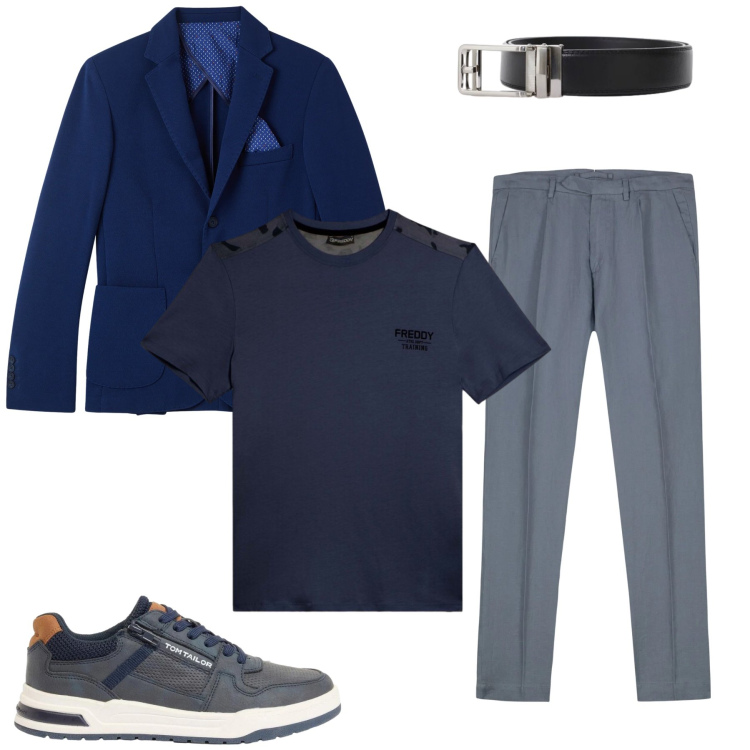 Outfit uomo - Smart-Casual in Blue Gradient. Stile Urban per Tutti i giorni. Abbinamento con sneakers, cinture, t-shirt, pantaloni, giacche.