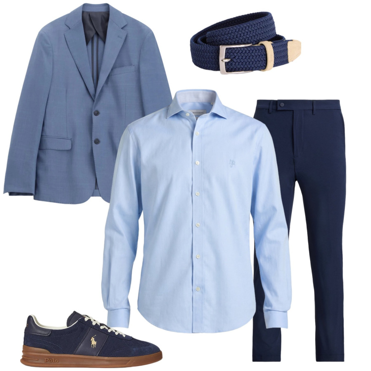 Outfit uomo - Azure Smart-Casual. Stile Urban per Tutti i giorni. Abbinamento con giacche, cinture, camicie, sneakers, pantaloni.
